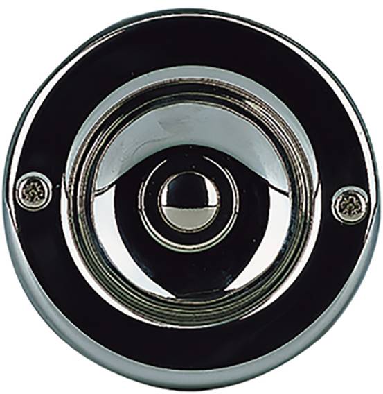 Metalen drukknop in een ronde behuizing, bevestigd met twee schroeven.