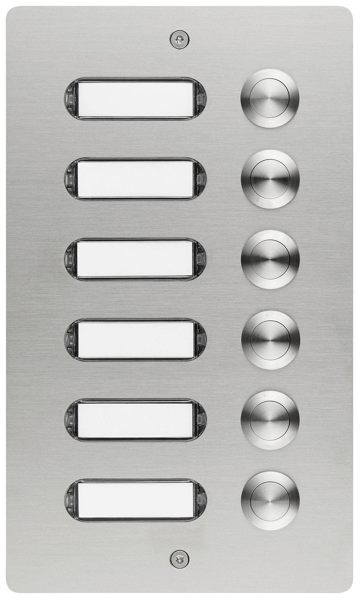 Zes belknoppen met bijbehorende naambordjes op een metalen plaat. Ideaal voor appartementsgebouwen.