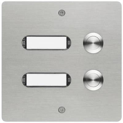 Een roestvrijstalen plaat met twee rechthoekige knoppen links en twee ronde drukknoppen rechts, gemonteerd met schroeven.
