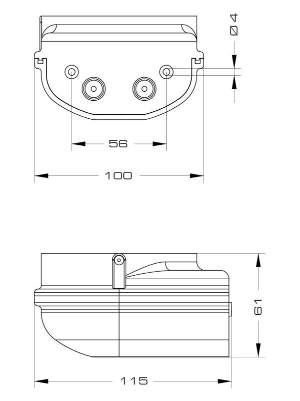 Technische tekening van een behuizing met afmetingen in millimeters: breedte 100, diepte 115, hoogte 61, gatendiameter 4.