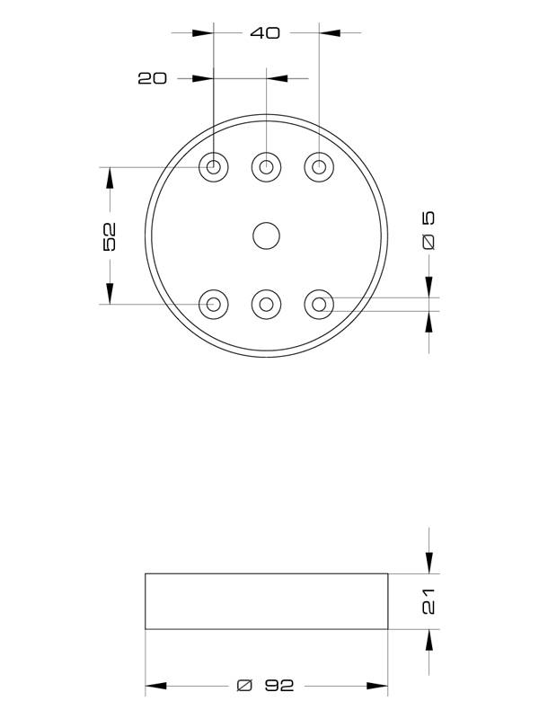 Technische tekening van een cilindrisch onderdeel: Bovenaanzicht toont vijf gaten met tussenruimten. Zijaanzicht toont de diameter en hoogte van de cilinder.