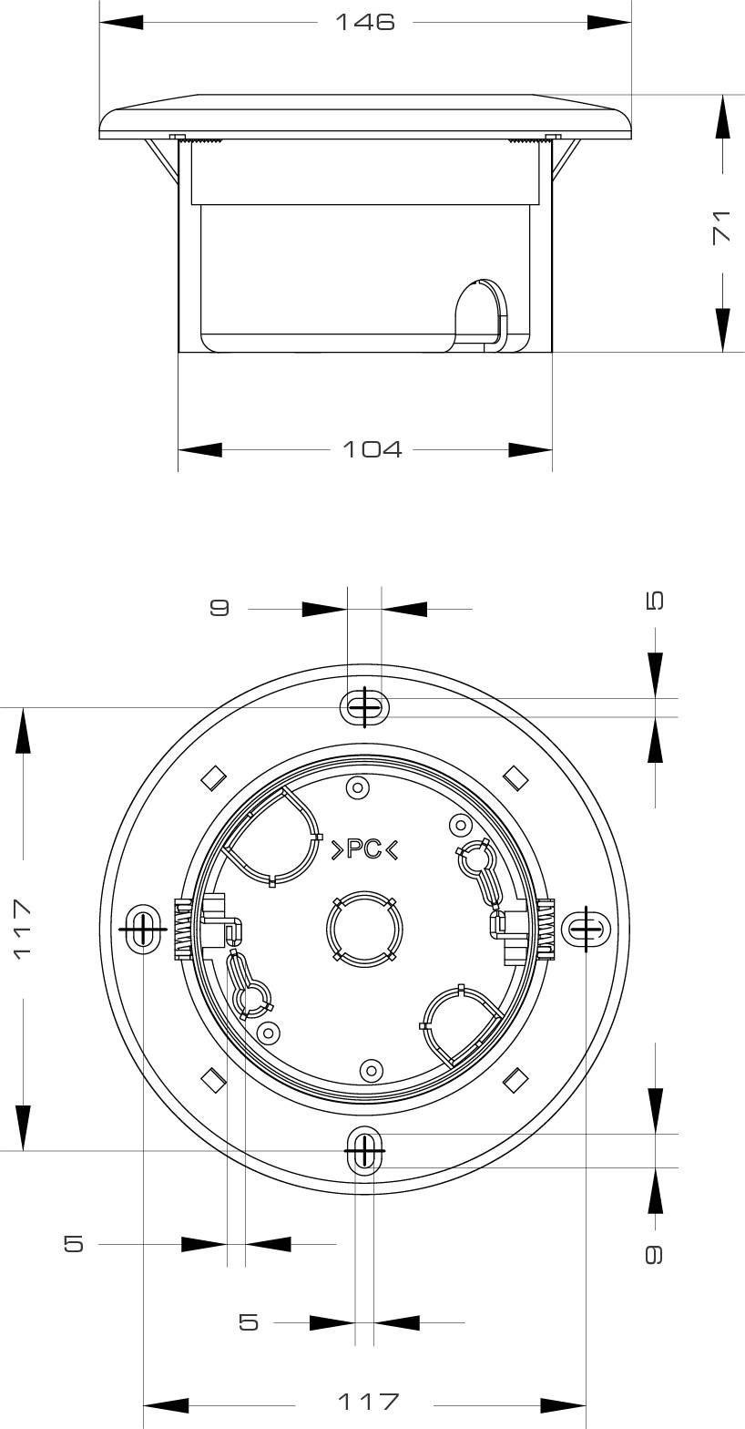 Technische tekening van een rond stopcontact met afmetingen in millimeters. Bovenaan zijaanzicht, onderaan bovenaanzicht, toont structurele details.