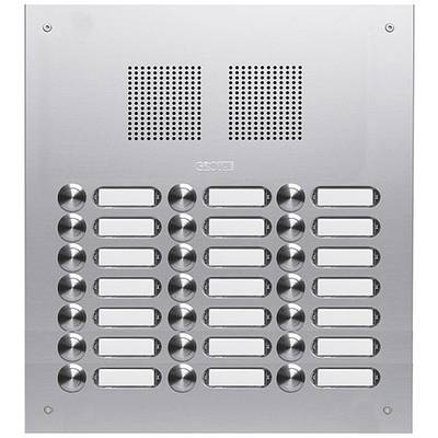 Een zilveren intercom met 20 ronde knoppen en naamplaatjes in vijf rijen van elk vier knoppen.