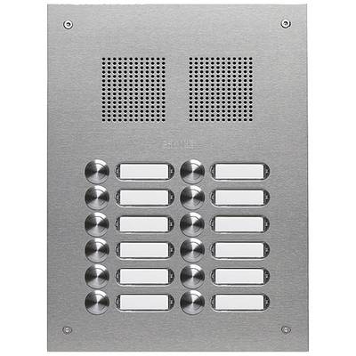 Metalen intercominstallatie met twaalf belknoppen en twee luidsprekermonden, gebruikt voor communicatie bij de ingang van een gebouw.