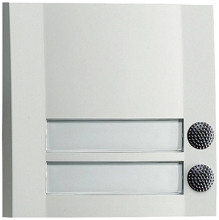 Belinstallatie met twee knoppen en metalen naambordjeshouders, geschikt voor gebouwen met meerdere appartementen.