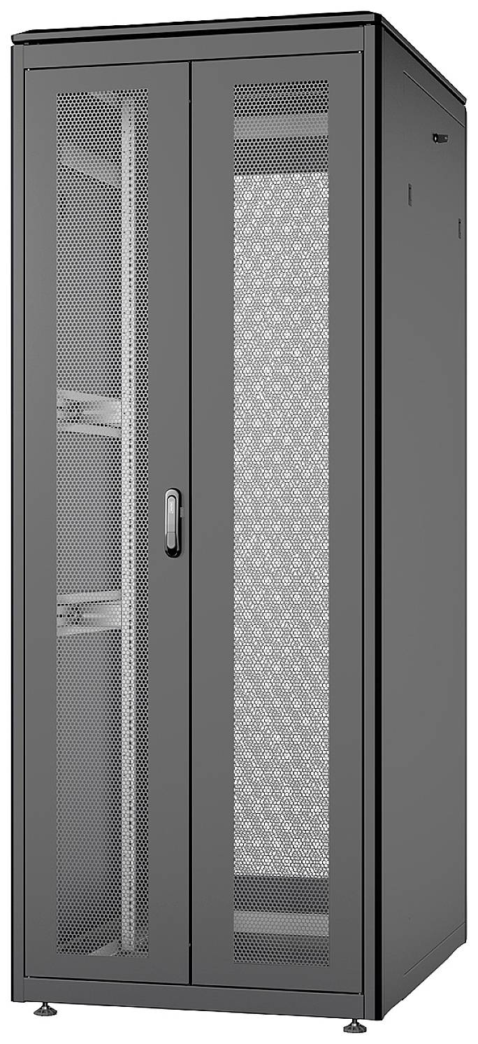 Zwarte serverrack met geperforeerde deuren en twee handgrepen, geschikt voor IT-apparatuur, vrijstaand, met meerdere legplanken.