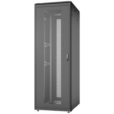 Grijs serverrek met glazen deur, geschikt voor organisatie en opslag van IT-apparatuur in datacenters of serverruimtes.