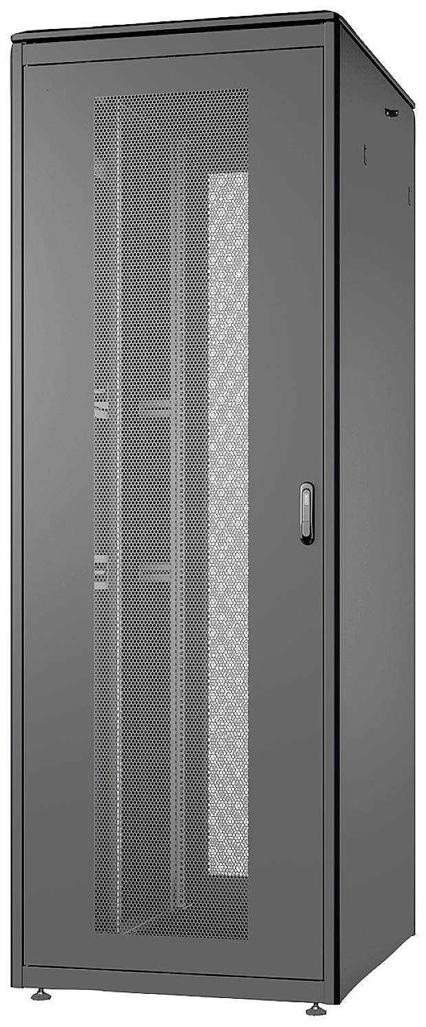 Een zwarte serverrack, staand, met een geperforeerde deur voor ventilatie, geschikt voor de installatie van netwerkapparatuur.