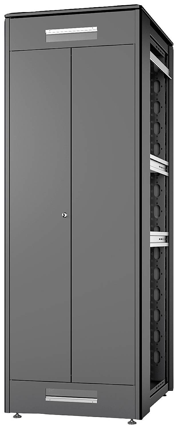 Een grijze, gesloten serverrack in rechthoekige vorm met ventilatiesleuven aan de zijkant en een sleutelgat in het midden.