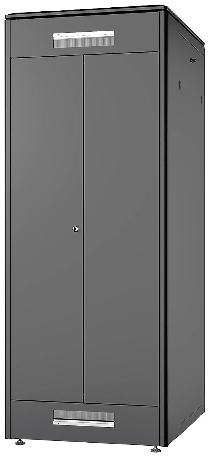Een grijze kast met twee verticale deuren en een slot in het midden.