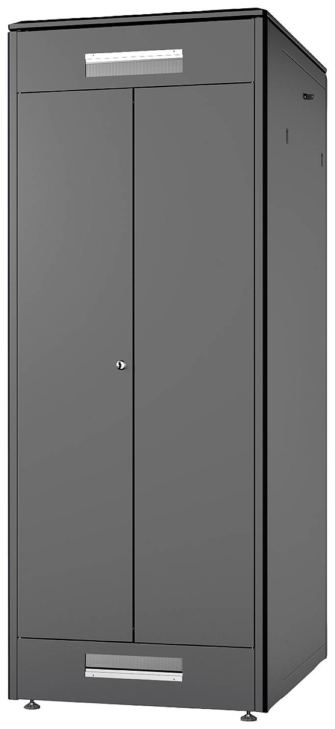 Grijze metalen kast met twee deuren en een sleutelslot in het midden. Hij staat op vier verstelbare pootjes.