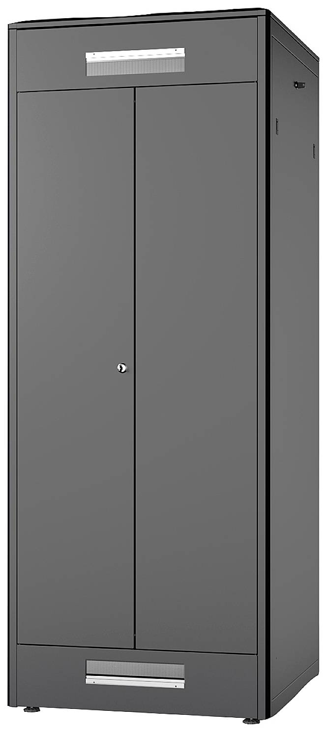 Een grote, grijze metalen kast met twee deuren en een sleutelgat in het midden. Eenvoudige, functionele vormgeving voor opslag.
