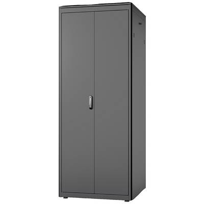 Een zwarte vitrinekast met twee deuren, eenvoudig design, geen zichtbare handgrepen behalve een centrale greep voor opening.