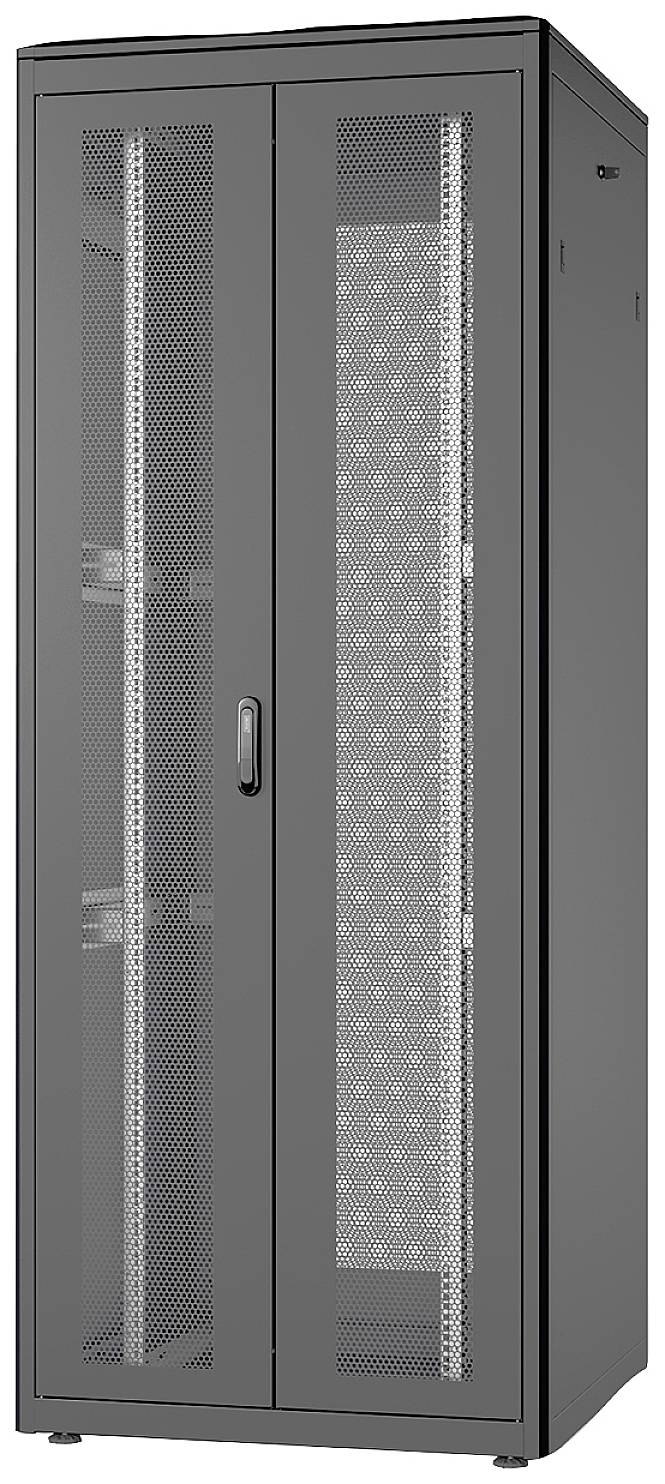 Een zwarte, hoge serverrack met transparante deuren van gaas, geschikt voor opslag en bescherming van computerhardware.