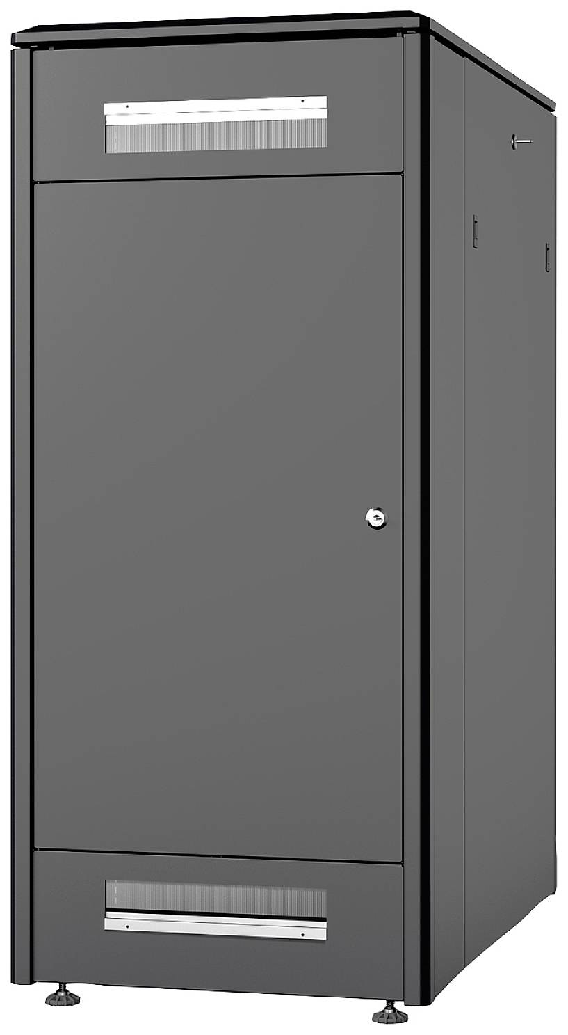Een zwarte, eenvoudige metalen serverbehuizing met ventilatiesleuven en een afsluitbare deur, geschikt voor IT-apparatuur.