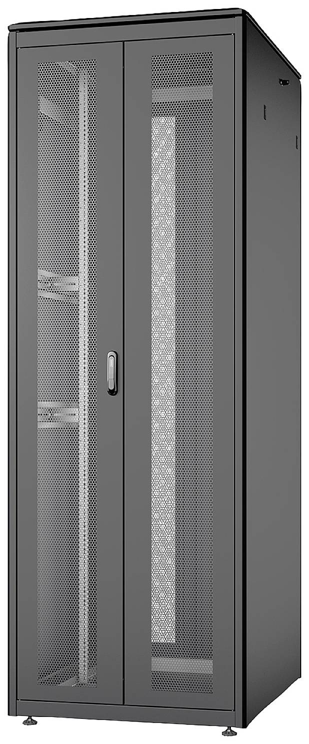 Een zwarte, staande serverrack met een gladde, geperforeerde deur, geschikt voor het opslaan van IT-apparatuur in datacentra.