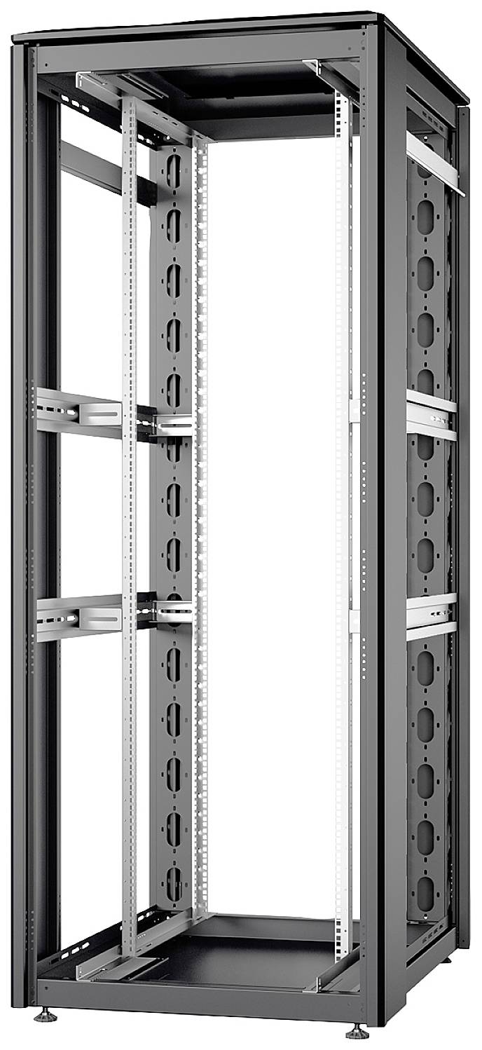 Een lege, zwarte serverrack-kast met meerdere schappen, vrijstaand op een lichte achtergrond.