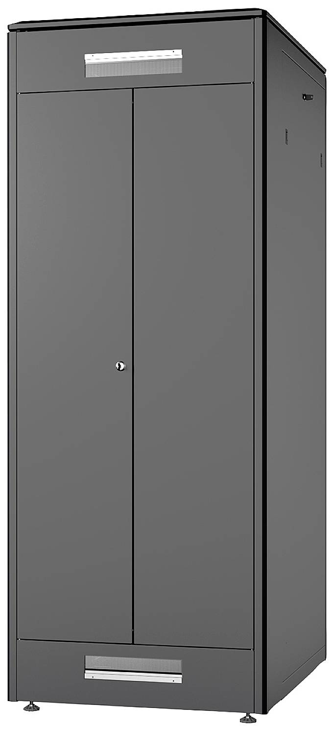 Grijze, hoge metalen kast met twee deuren, geschikt voor het opbergen van gereedschappen of documenten.