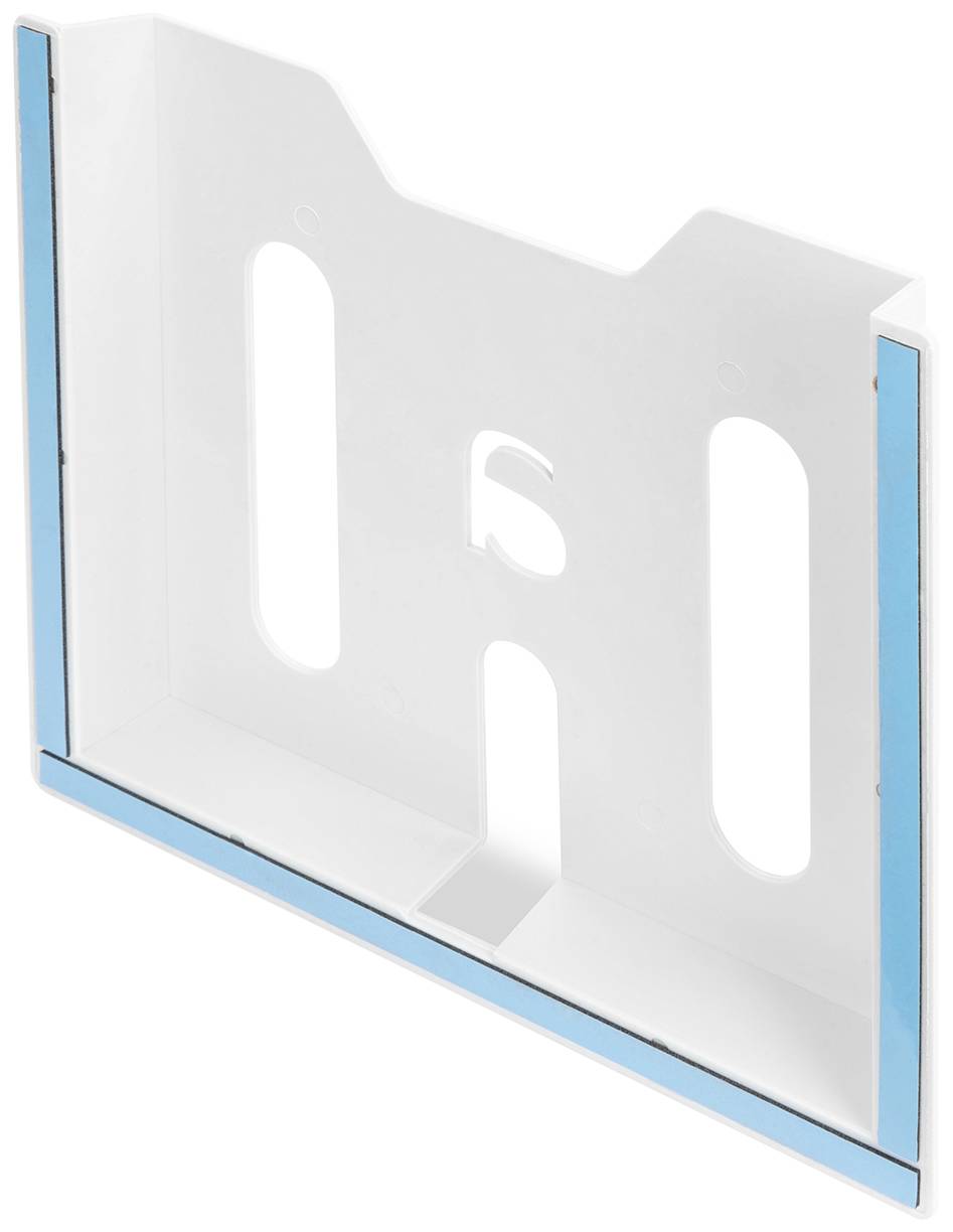 Witte kunststof houder met blauwe randen, aan de zijkant open, met ovale uitsparingen.