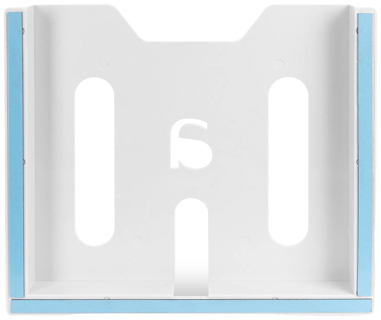 Leeg verticaal rek, wit met blauwe randen, achterkant heeft vijf uitsparingen.