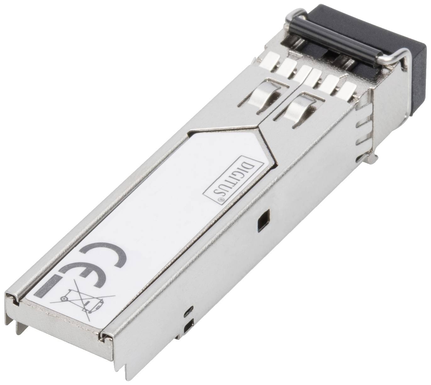 Een metallisch SFP-module voor optische netwerken met een label waarop CE- en WEEE-symbolen worden weergegeven. Het wordt gebruikt in netwerktoestellen.