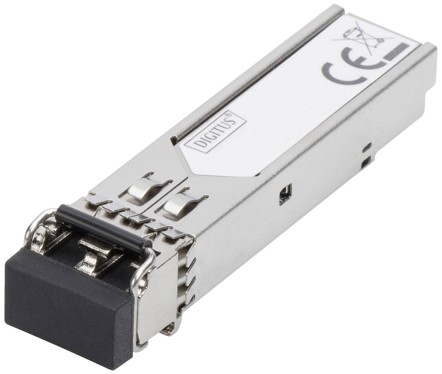 Een SFP-module met een metalen behuizing en CE-markering. Het wordt gebruikt voor netwerkconnectiviteit en is rechthoekig met aansluiting aan de voorzijde.