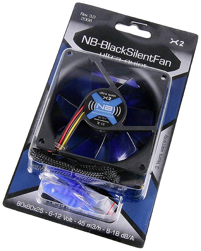 'NB-BlackSilentFan 120mm', stille ventilator in zwart design met blauwe accenten, geschikt voor behuisingskoeling, met 6-12 volt spanning.