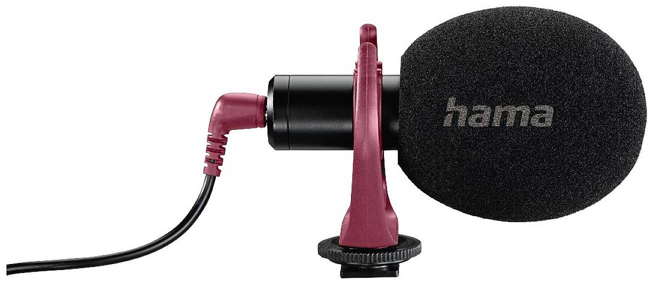 Microfoon met zwarte schuimrubberen hoes en rode houder, verbonden met een rood kabel.