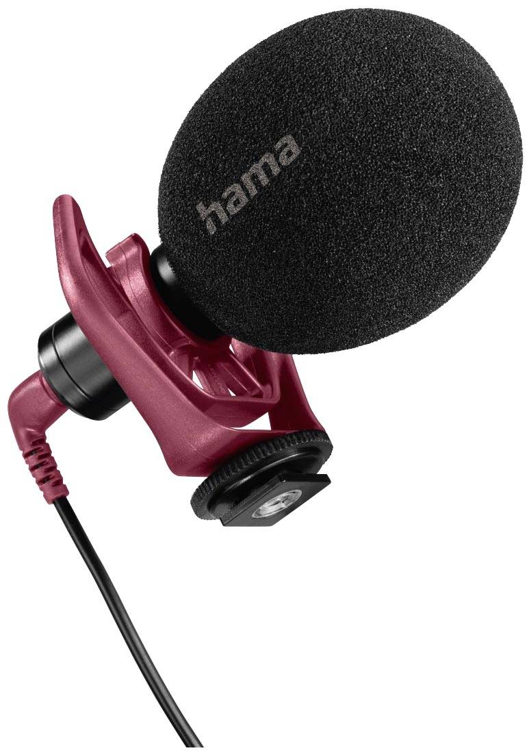 Zwarte microfoon met rode clip en kabel, gepositioneerd voor audio-opnames, hama-logo zichtbaar op de microfoonkop.