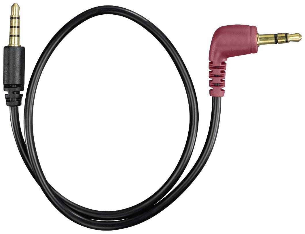 Audiokabel met 3,5-mm-jackplug aan beide uiteinden, zwart kabel, één stekker recht, de andere onder een rechte hoek.