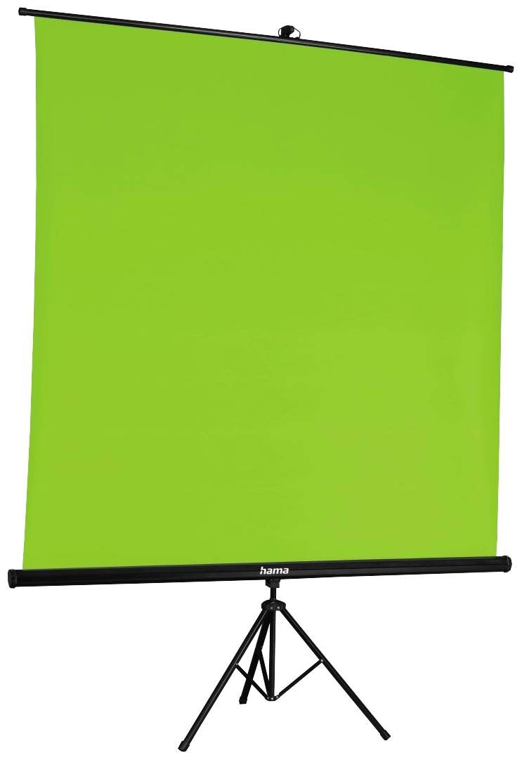 Groene achtergrond op een statief, gebruikt voor videoproducties of fotobewerking om andere afbeeldingen of video's in te voegen.