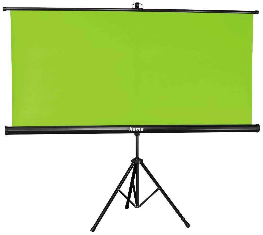 Een groene scherm op een statief, geschikt voor videoproducties of fotografie, om achtergronden digitaal te bewerken.