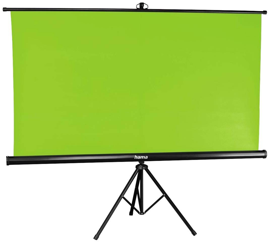 Groene scherm op een statief, geschikt voor videoproducties en fotografie, tegen een neutrale achtergrond.