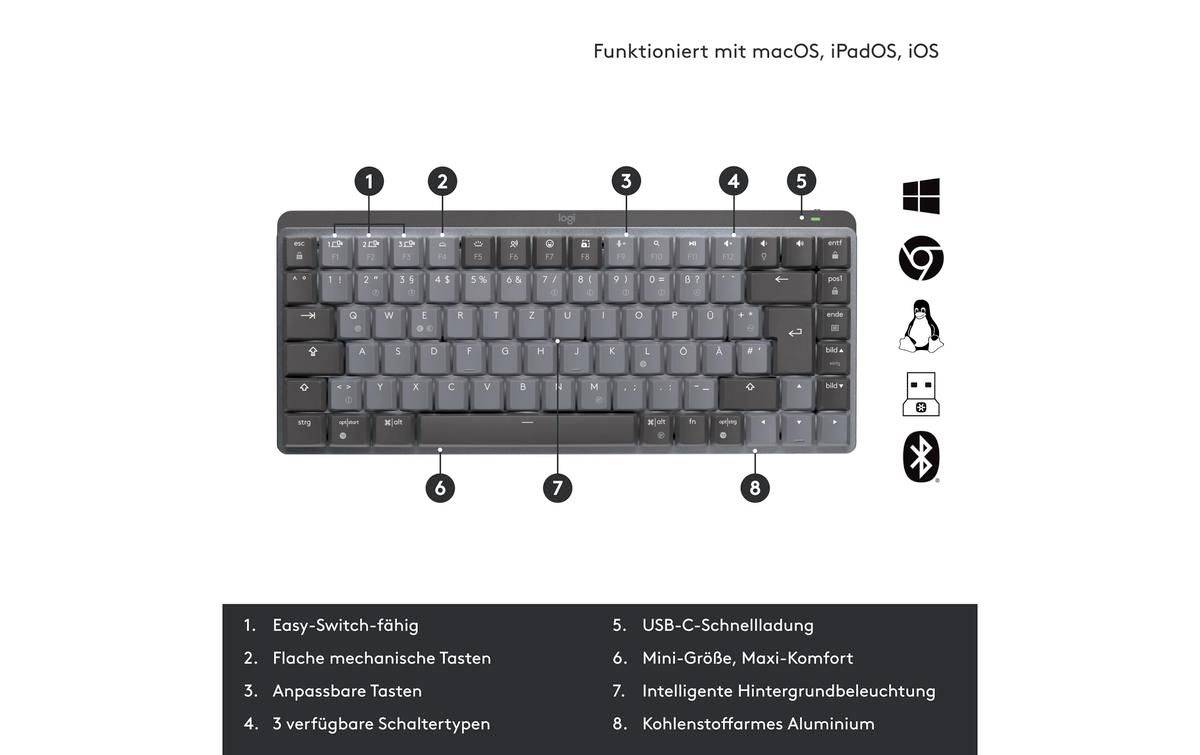 Logitech MX Mechanical Mini Toetsenbord Draadloos QWERTZ, Zwitsers Grijs-5