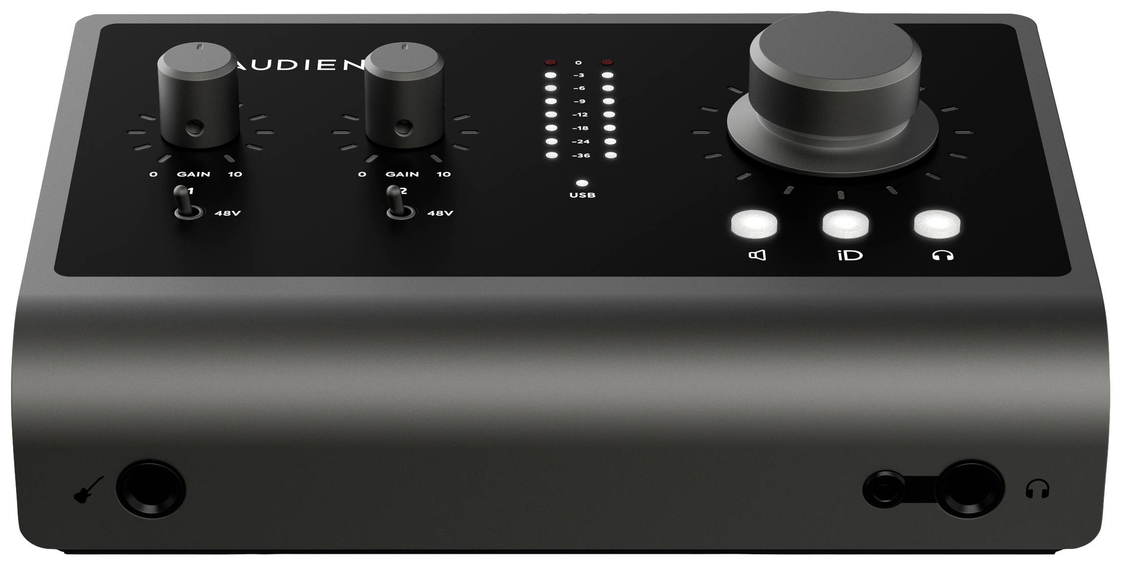 Audio-interface met regelaars en aansluitingen op een zwart oppervlak. Bevat een display voor volume-niveau en een USB-aansluiting.