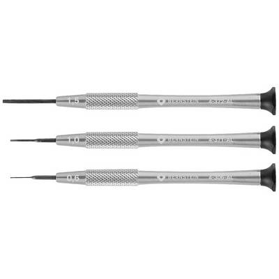 Drie precisie-schroevendraaiers met slipvaste handgreep en maatmarkering: 1,5 mm, 1,0 mm en 0,6 mm.