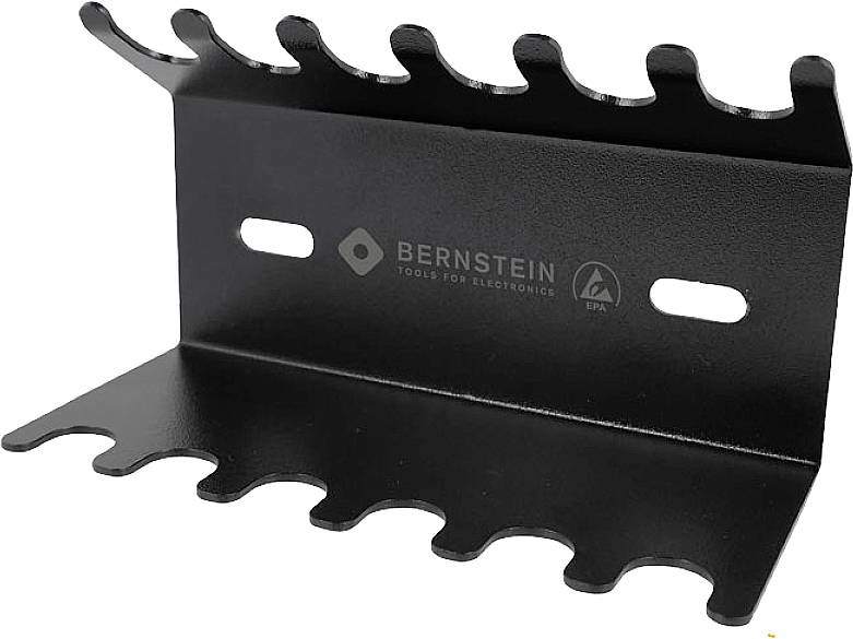 Een zwarte metalen gereedschapshouder met meerdere sleuven voor het opbergen van gereedschappen, voorzien van een logo en de tekst 'Bernstein Tools for Electronics' erop.