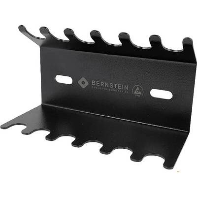 Een zwarte metalen gereedschapshouder met meerdere sleuven voor het opbergen van gereedschappen, voorzien van een logo en de tekst 'Bernstein Tools for Electronics' erop.