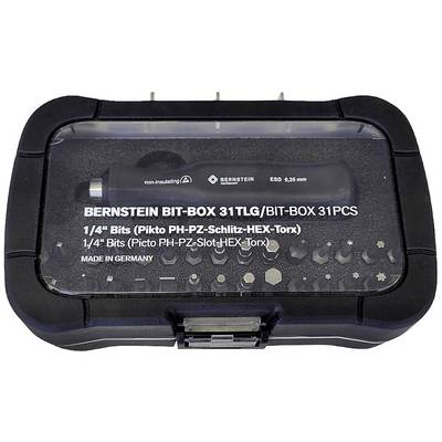 'BERNSTEIN BIT-BOX 31-DELIG/31 STUKS' Gereedschapsset in zwarte kunststof doos met 1/4" bits in verschillende uitvoeringen, vervaardigd in Duitsland.