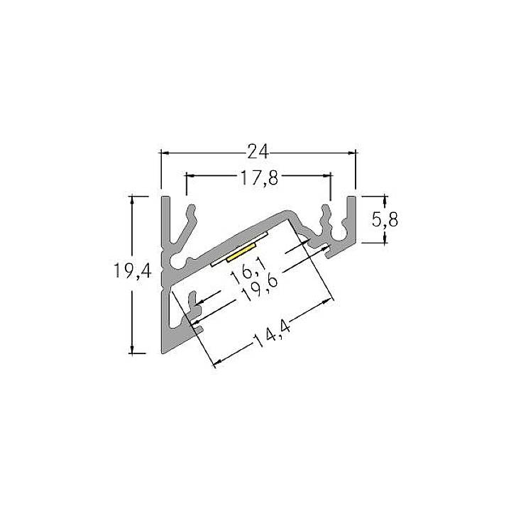 Technische tekening van een aluminium profielquadrant met afmetingen: hoogte 19,4 mm, breedte 24 mm, binnendoorsnede 16,1 mm tot 19,6 mm.
