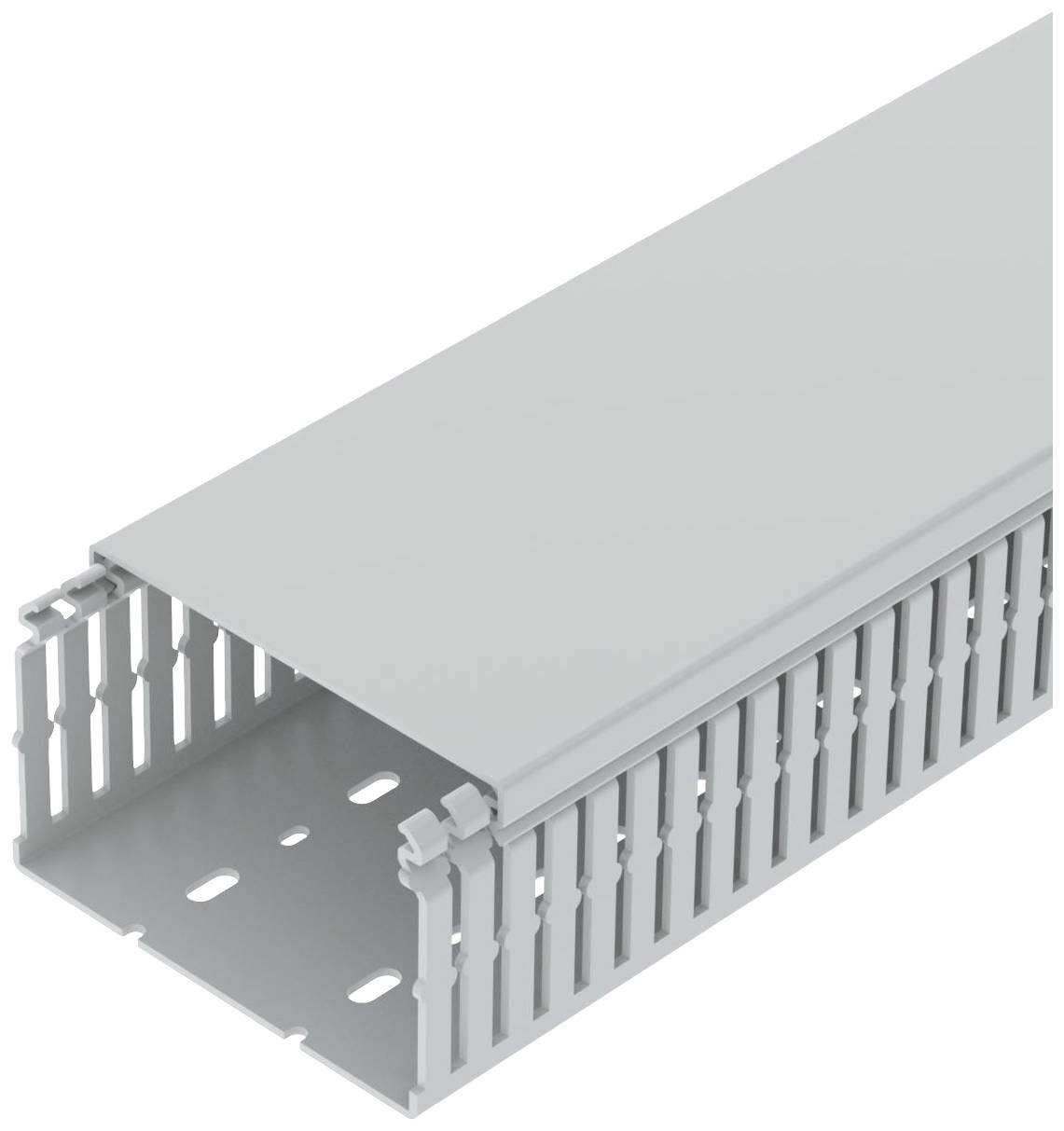 Grijze kabelgoot met zijdelingse sleuven voor ventilatie.