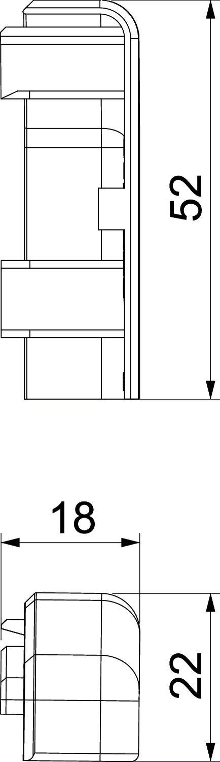 Technische tekening van een mechanische component met zij- en vooraanzicht. Afmetingen: hoogte 52, breedte 18, diepte 22.