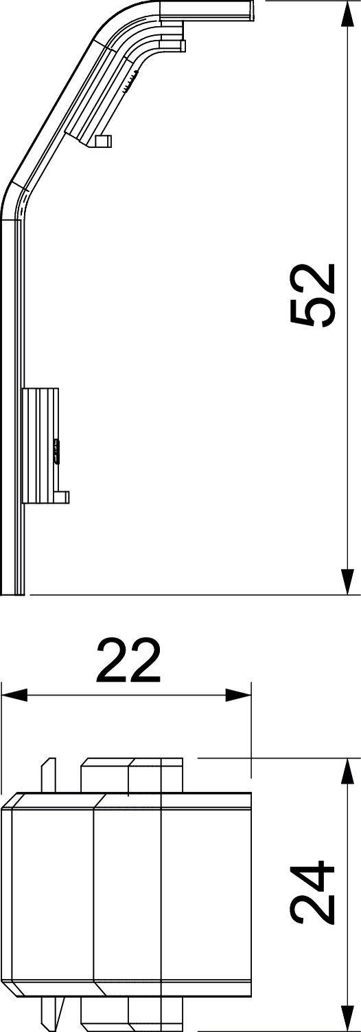 Technische tekening van een onderdeel; profilaanzicht toont hoogte (52 eenheden), breedte (22 eenheden) en diepte (24 eenheden).