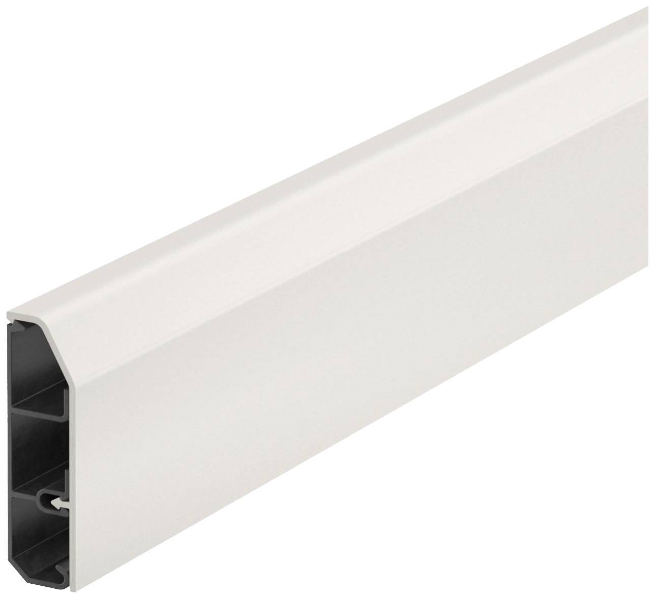 Een witte kabelgoot met rechthoekige vorm en afgeronde randen, geschikt voor het geordend aanbrengen van kabels langs muren.