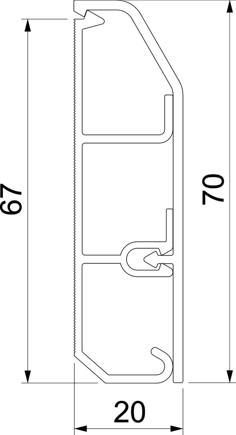 Technische tekening van een profieldoorsnede met afmetingen 70 x 67 x 20 mm. Toont nauwkeurige binnenstructuur en dimensies van het profiel.