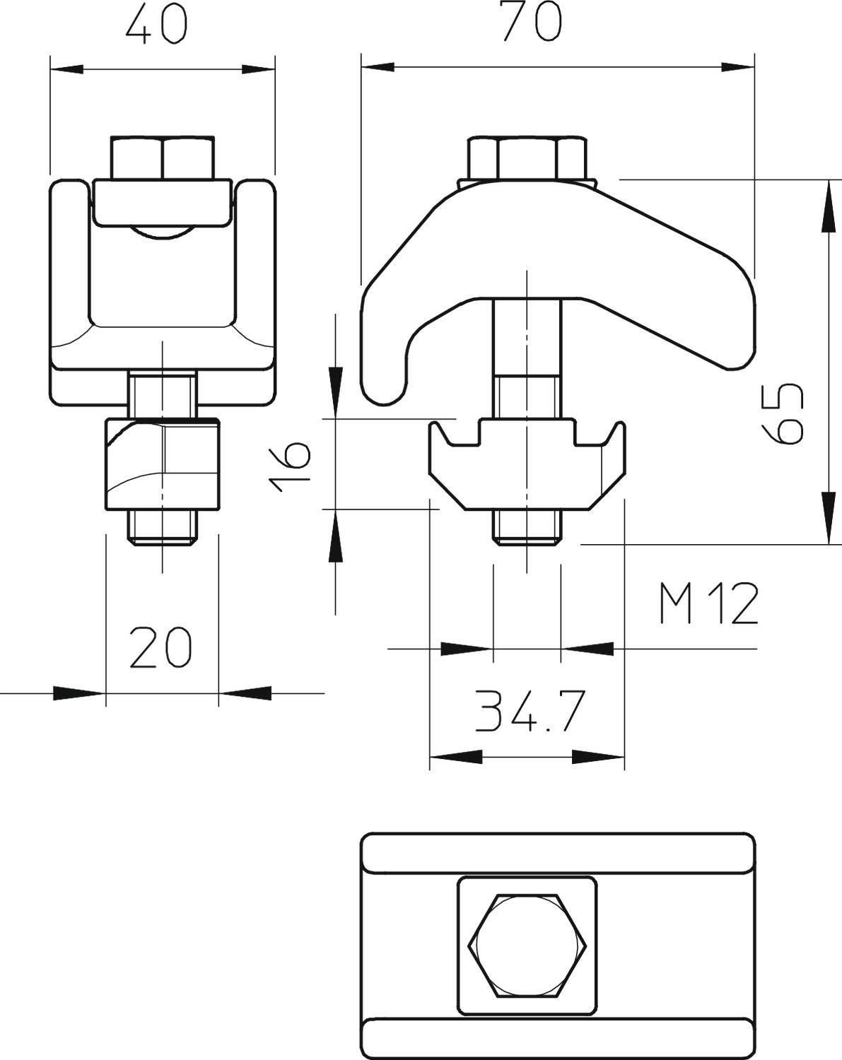 Technische tekening van een metalen klem met afmetingen: breedte 40, hoogte 65, M12-schroefdraad, lengte 70. Zij- en vooraanzicht weergegeven.