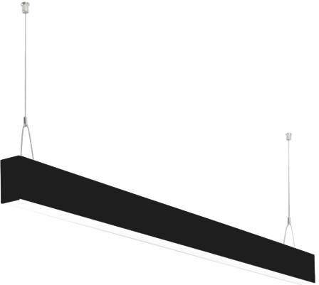 Een slanke, zwarte hanglamp hangt aan twee kabels van het plafond. Hij heeft een minimalistisch design en geeft direct licht.