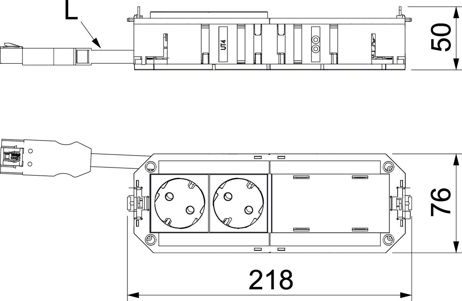 Technische tekening van een stekkerdoos met twee aansluitingen. Afmetingen: 218 mm lengte, 76 mm breedte, 50 mm hoogte. Kabelaansluiting weergegeven.
