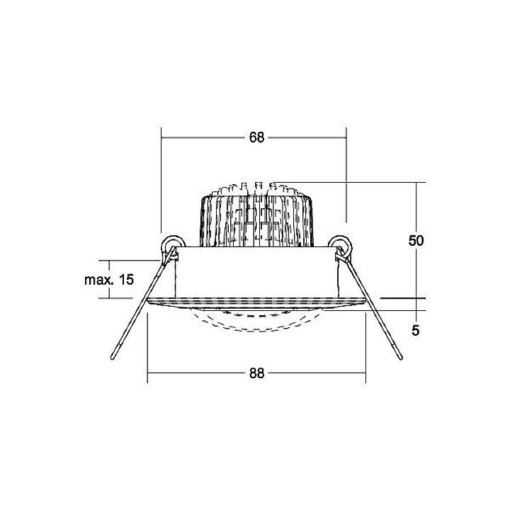 Technische tekening van een inbouwspot met de volgende afmetingen: diameter 68 mm, hoogte 50 mm, maximale inbouwdiepte 15 mm.