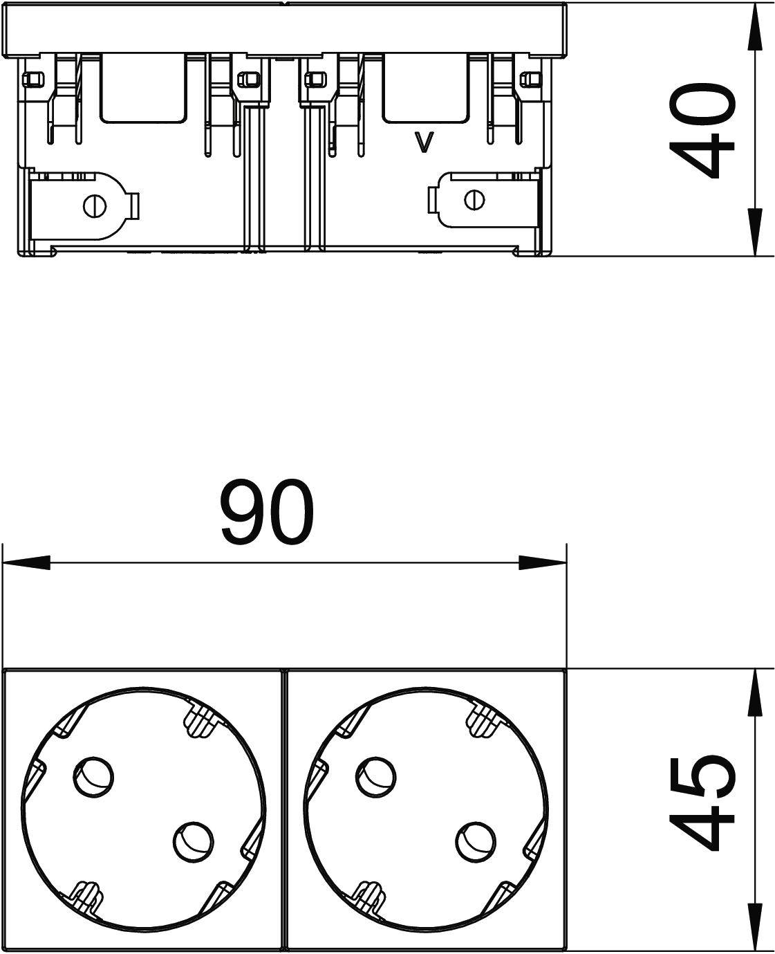 Technische tekening van een dubbel stopcontact met afmetingen: breedte 90 mm, hoogte 45 mm, diepte 40 mm.